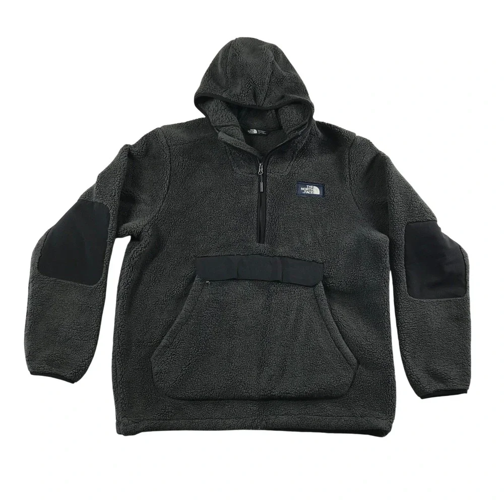 The North Face Mens Campshire Anorak Sherpa Fleece Hoodie Grey Large Quarter Zip